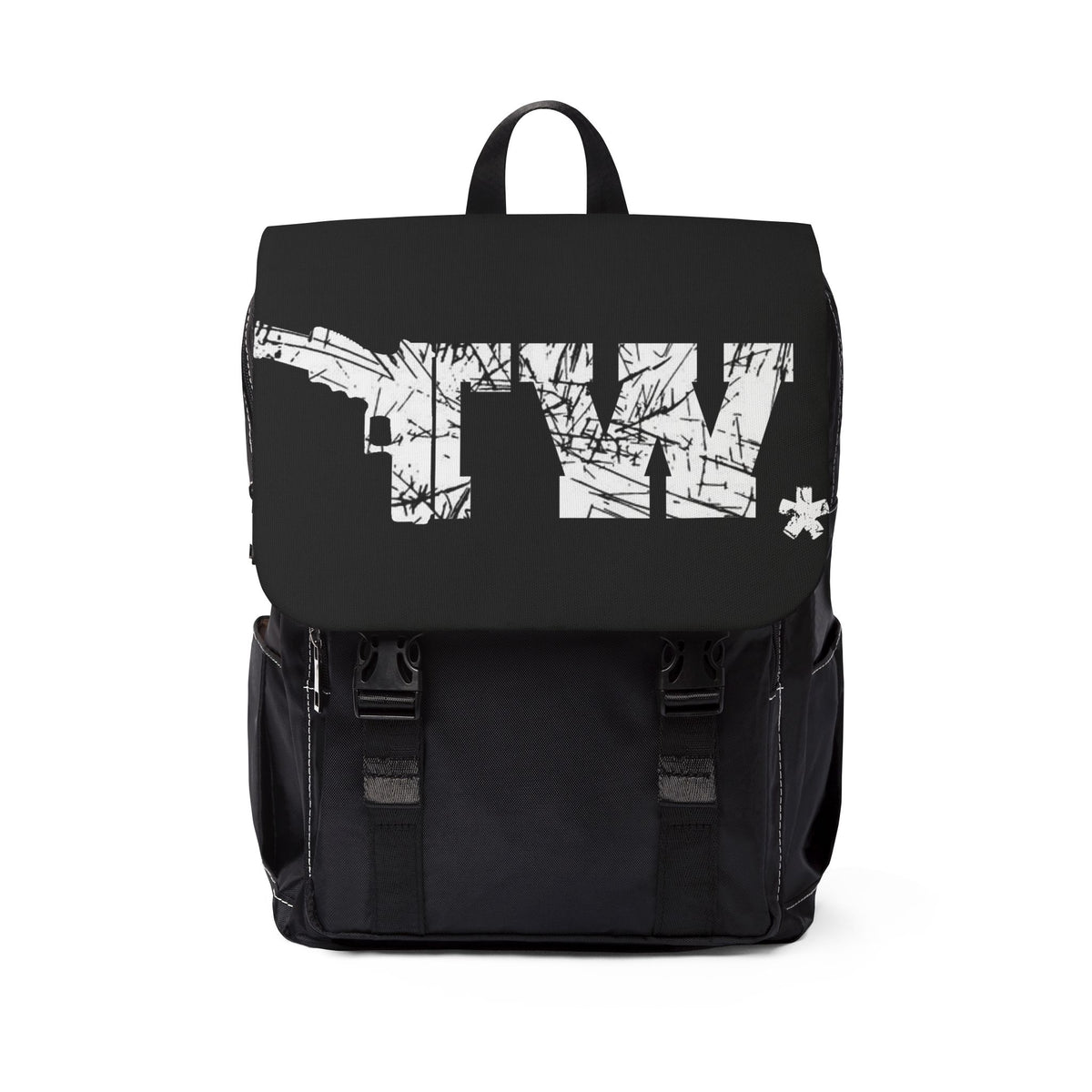 KAINE TW Archive Backpack, all-black canvas with the oversized TW print